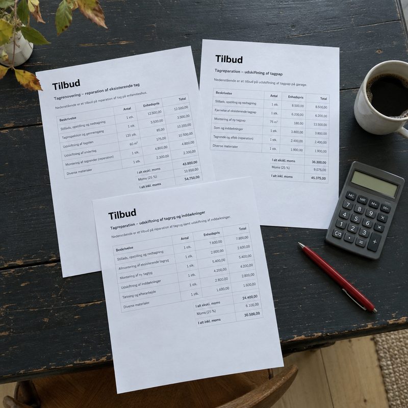 Køkkenbord i mærket træ med tilbudsark om tagskifte, lommeregner og notepapir klar til fradragsopgørelsen